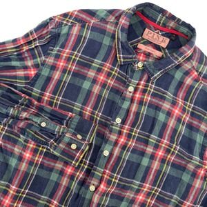 Thomas Pink Linen Shirt Mens XL Navy Red Green Plaid Long Sleeve Button Down
